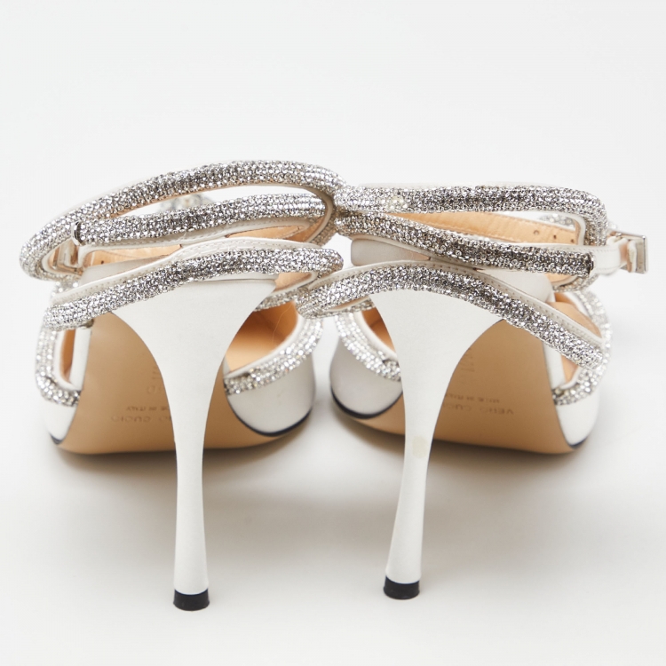 Pre Owned Mach & Mach White Satin Crystal Embellished Double Bow Pumps Size 40