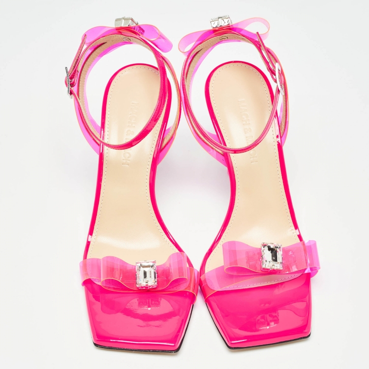Pre Owned Mach & Mach Pink PVC and Patent Leather French Bow Square Toe Ankle Strap Sandals Size 40.5