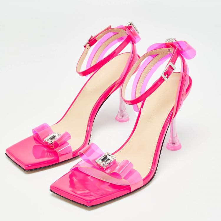 Pre Owned Mach & Mach Pink PVC and Patent Leather French Bow Square Toe Ankle Strap Sandals Size 40.5