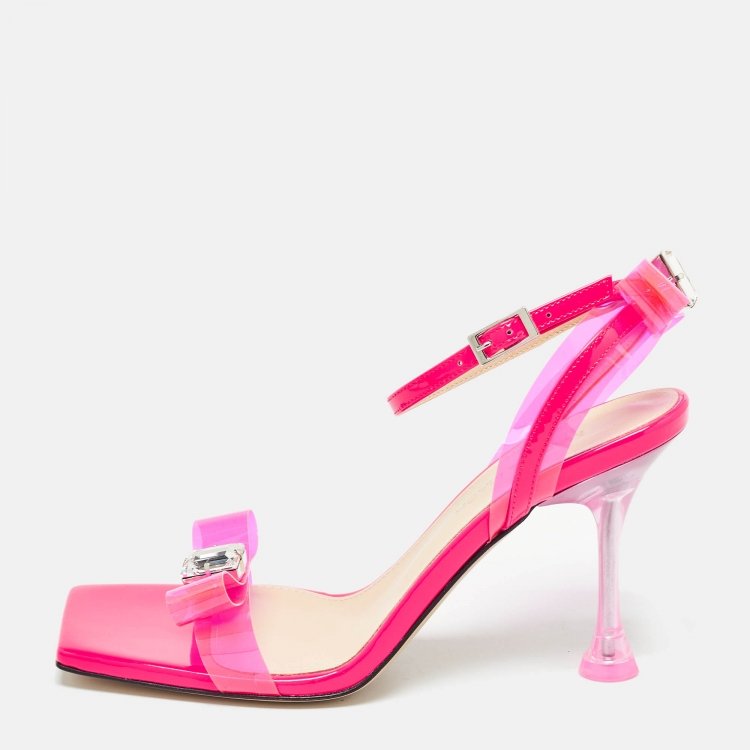 Pre Owned Mach & Mach Pink PVC and Patent Leather French Bow Square Toe Ankle Strap Sandals Size 40.5