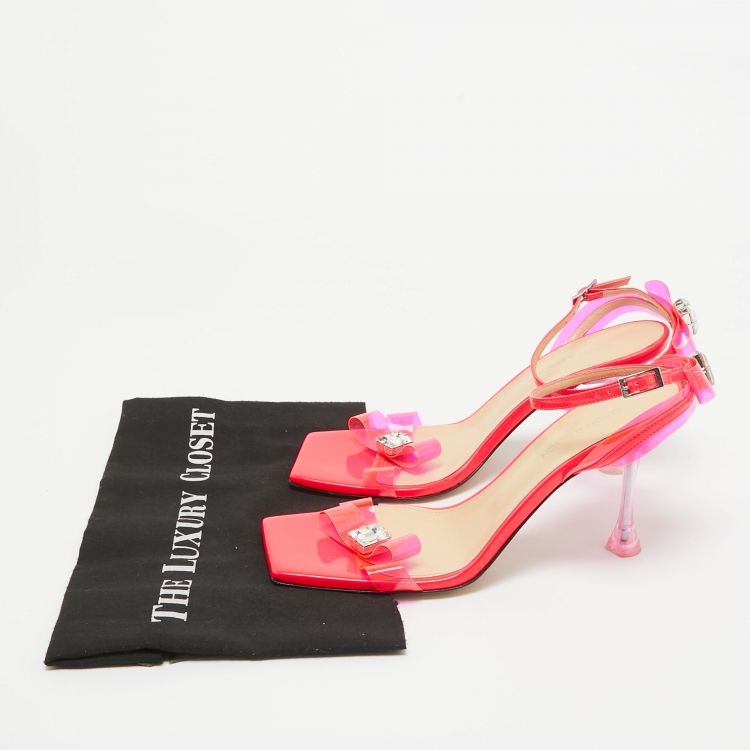 Pre Owned Mach & Mach Pink PVC and Patent Leather French Bow Square Toe Ankle Strap Sandals Size 40.5