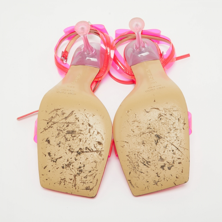 Pre Owned Mach & Mach Pink PVC and Patent Leather French Bow Square Toe Ankle Strap Sandals Size 40.5
