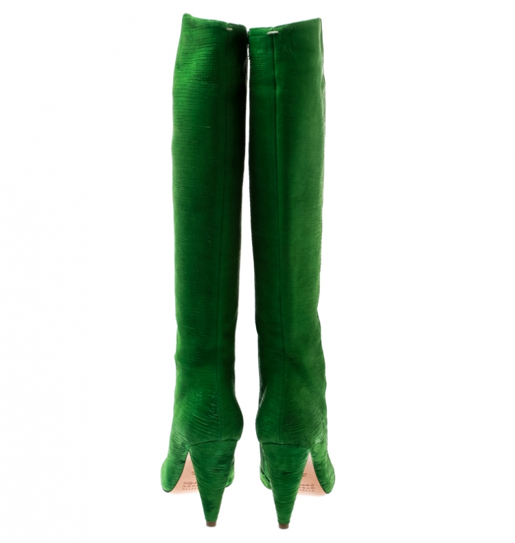 Pre Owned Maison Martin Margiela Parakeet Green Textured Suede Knee Length Cone Heel Boots Size 38