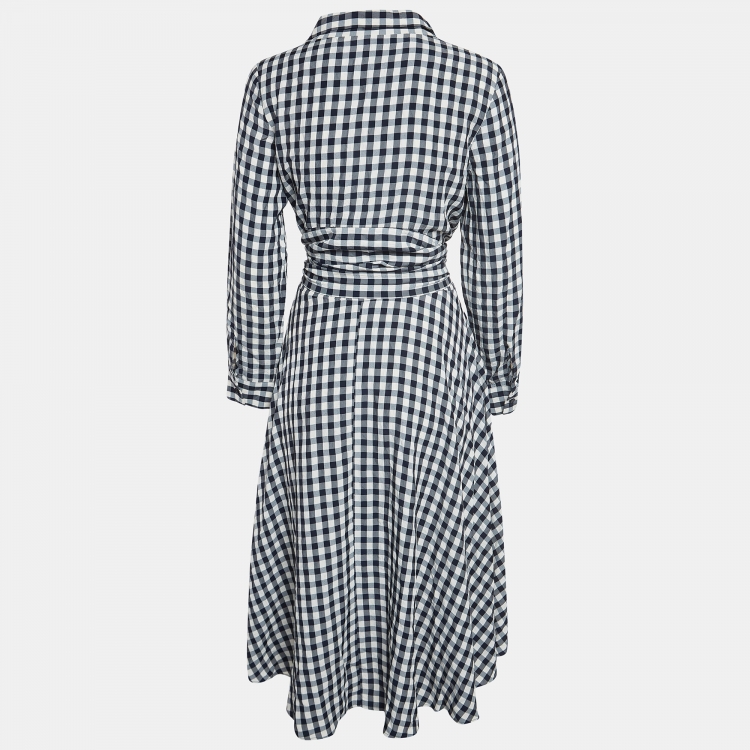 Pre Owned Maje Navy Blue Gingham Crepe Waist Tie-Up Asymmetric Midi Dress M