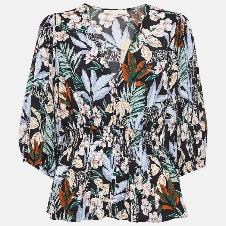 Pre Owned Maje Multicolor Printed Smocked V Neck Top XL