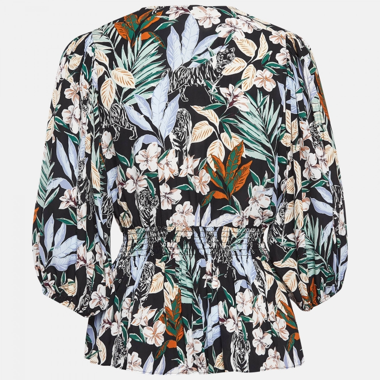 Pre Owned Maje Multicolor Printed Smocked V Neck Top XL