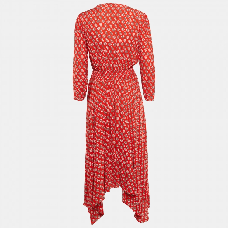 Pre Owned Maje Red Monogram Print Crepe Midi Dress L