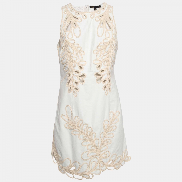 Pre Owned Maje White/Beige Embroidered Cotton Mini Dress L