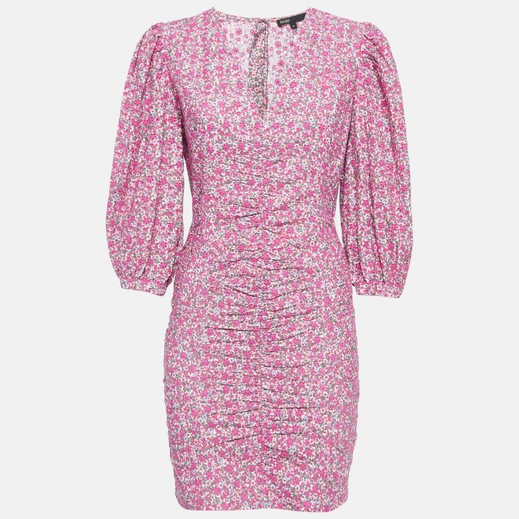 Pre Owned Maje Pink Embroidered Floral Print Cotton Ruched Mini Dress M