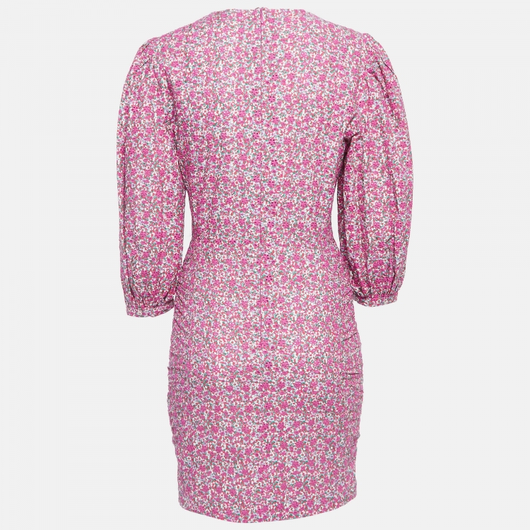 Pre Owned Maje Pink Embroidered Floral Print Cotton Ruched Mini Dress M