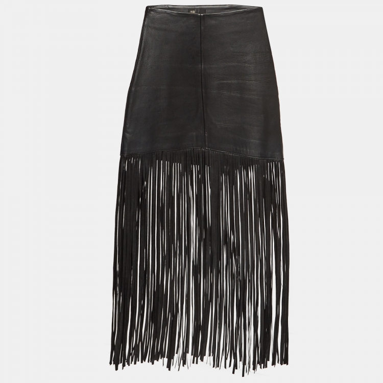 Pre Owned Maje Black Leather Fringed Short Skirt M