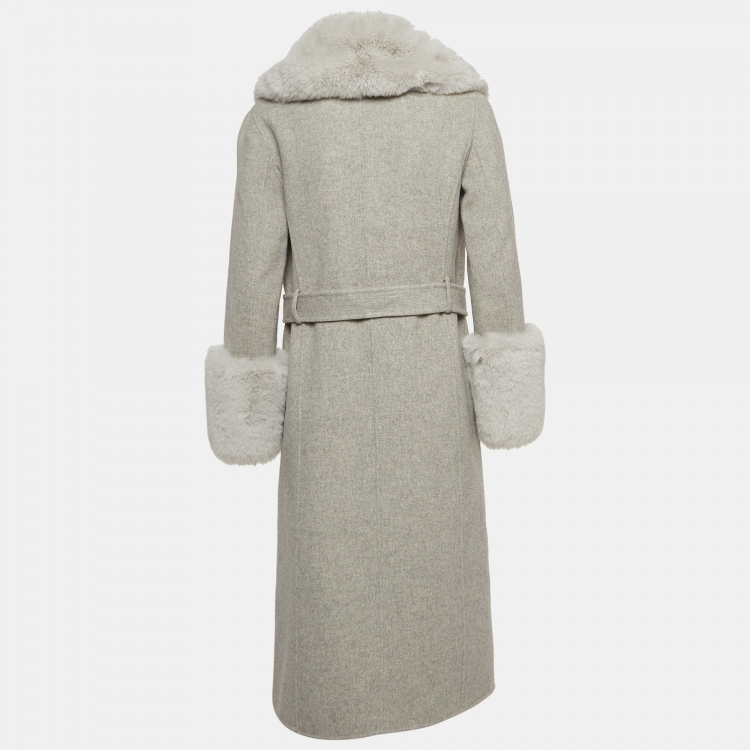 Pre Owned Maje Grey Wool Blend Fur Detailed Long Coat S