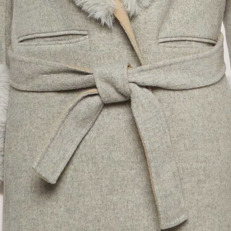 Pre Owned Maje Grey Wool Blend Fur Detailed Long Coat S