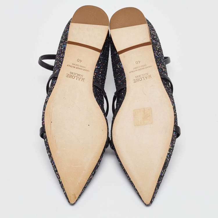 Pre Owned Malone Souliers Navy Blue Coarse Glitter Robyn Ankle Strap Flats Size 40