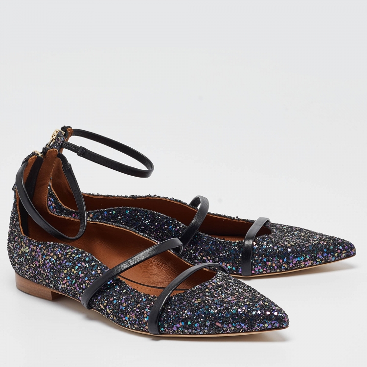 Pre Owned Malone Souliers Navy Blue Coarse Glitter Robyn Ankle Strap Flats Size 40