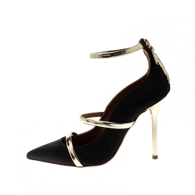 Pre Owned Malone Souliers Black Satin Robyn Ankle Strap Pumps Size 35