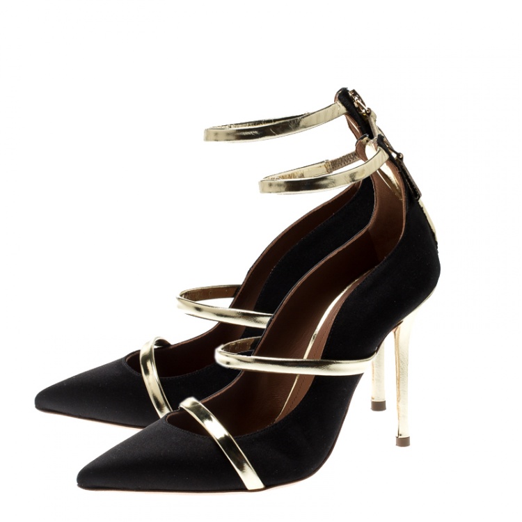 Pre Owned Malone Souliers Black Satin Robyn Ankle Strap Pumps Size 35
