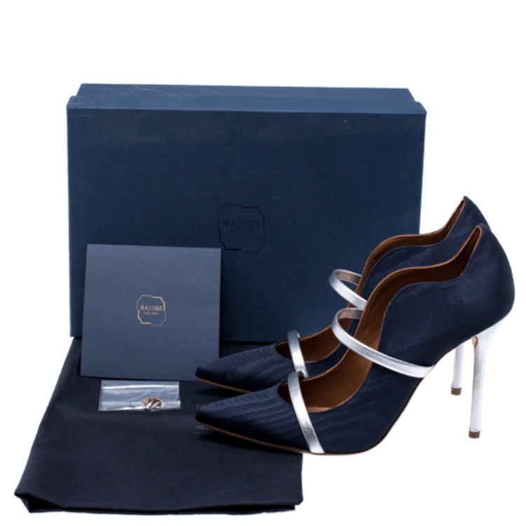 Pre Owned Malone Souliers Navy Blue Moire Fabric Maureen Pointed Toe Mules Size 37.5