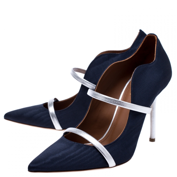 Pre Owned Malone Souliers Navy Blue Moire Fabric Maureen Pointed Toe Mules Size 37.5