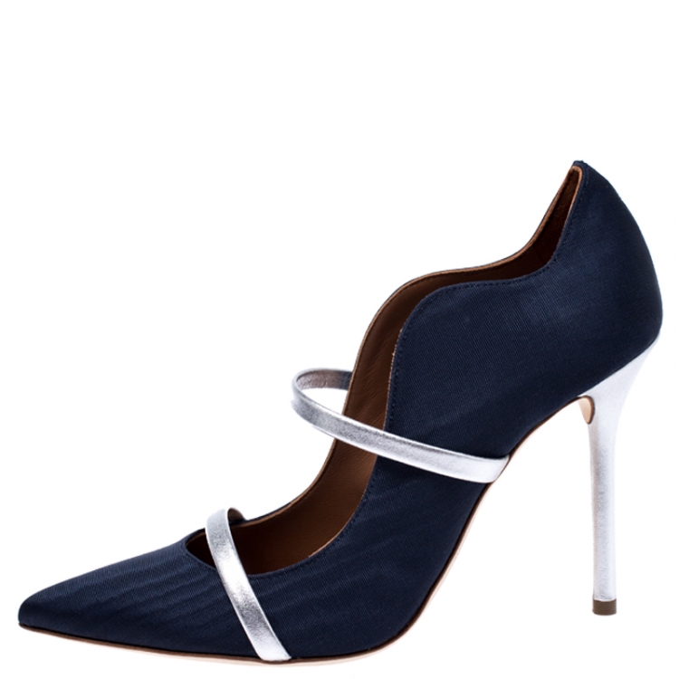 Pre Owned Malone Souliers Navy Blue Moire Fabric Maureen Pointed Toe Mules Size 37.5