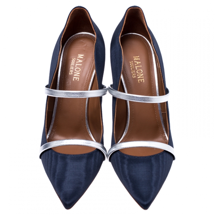 Pre Owned Malone Souliers Navy Blue Moire Fabric Maureen Pointed Toe Mules Size 37.5