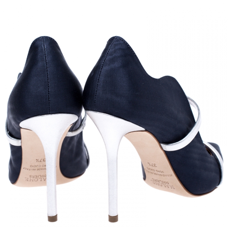 Pre Owned Malone Souliers Navy Blue Moire Fabric Maureen Pointed Toe Mules Size 37.5