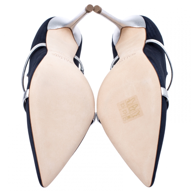 Pre Owned Malone Souliers Navy Blue Moire Fabric Maureen Pointed Toe Mules Size 37.5