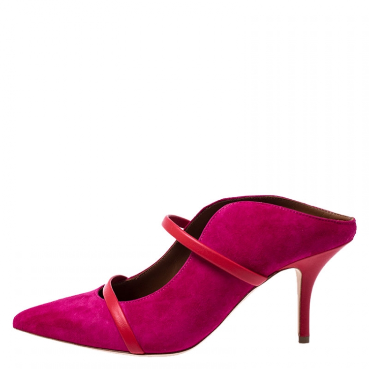 Pre Owned Malone Souliers Pink/Red Suede And Leather Maureen Pointed Toe Mules Size 37.5