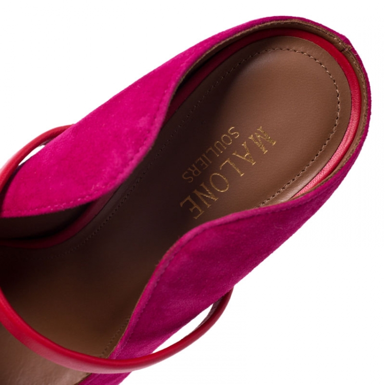 Pre Owned Malone Souliers Pink/Red Suede And Leather Maureen Pointed Toe Mules Size 37.5