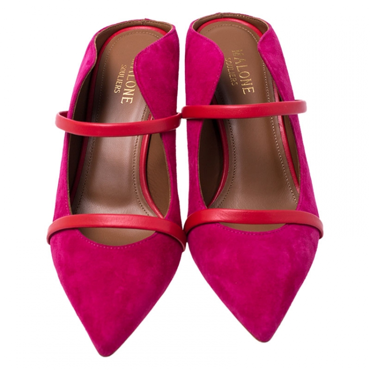 Pre Owned Malone Souliers Pink/Red Suede And Leather Maureen Pointed Toe Mules Size 37.5