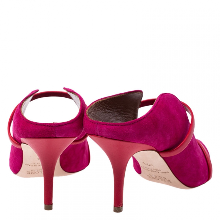 Pre Owned Malone Souliers Pink/Red Suede And Leather Maureen Pointed Toe Mules Size 37.5