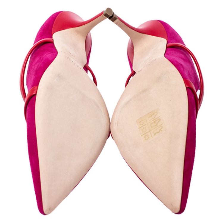 Pre Owned Malone Souliers Pink/Red Suede And Leather Maureen Pointed Toe Mules Size 37.5