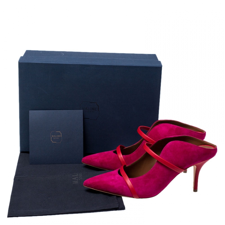 Pre Owned Malone Souliers Pink/Red Suede And Leather Maureen Pointed Toe Mules Size 37.5