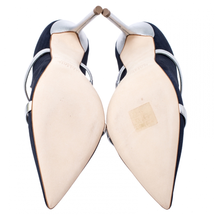 مملوكة مسبقًا Malone Souliers Blue Moire Fabric Maureen Pointed Toe Pumps Size 38.5