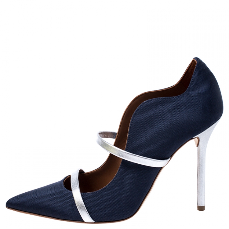 مملوكة مسبقًا Malone Souliers Blue Moire Fabric Maureen Pointed Toe Pumps Size 38.5