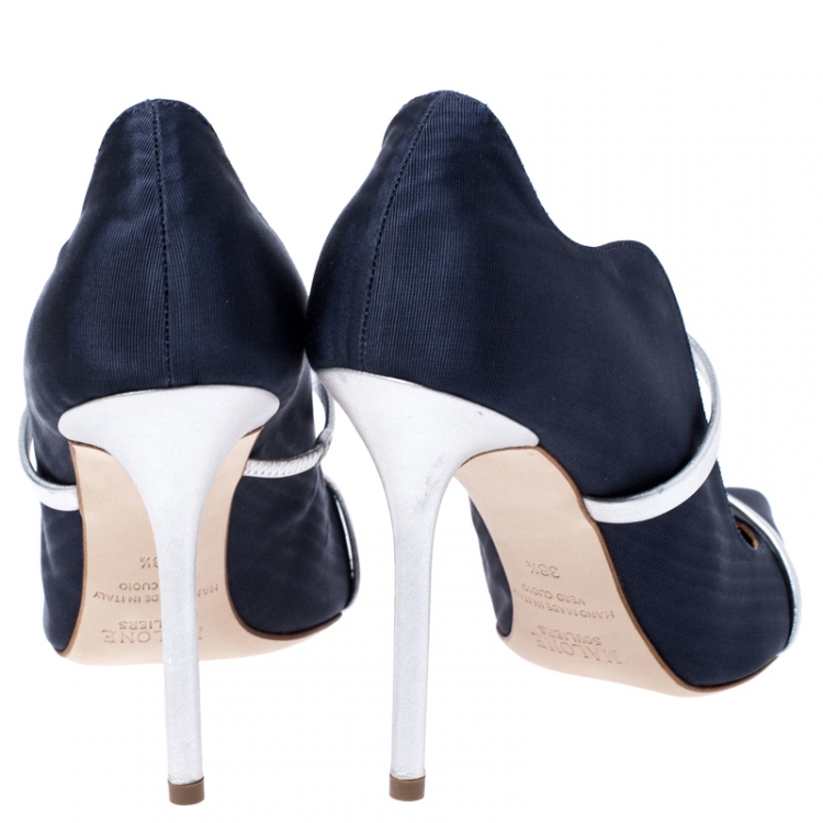 مملوكة مسبقًا Malone Souliers Blue Moire Fabric Maureen Pointed Toe Pumps Size 38.5