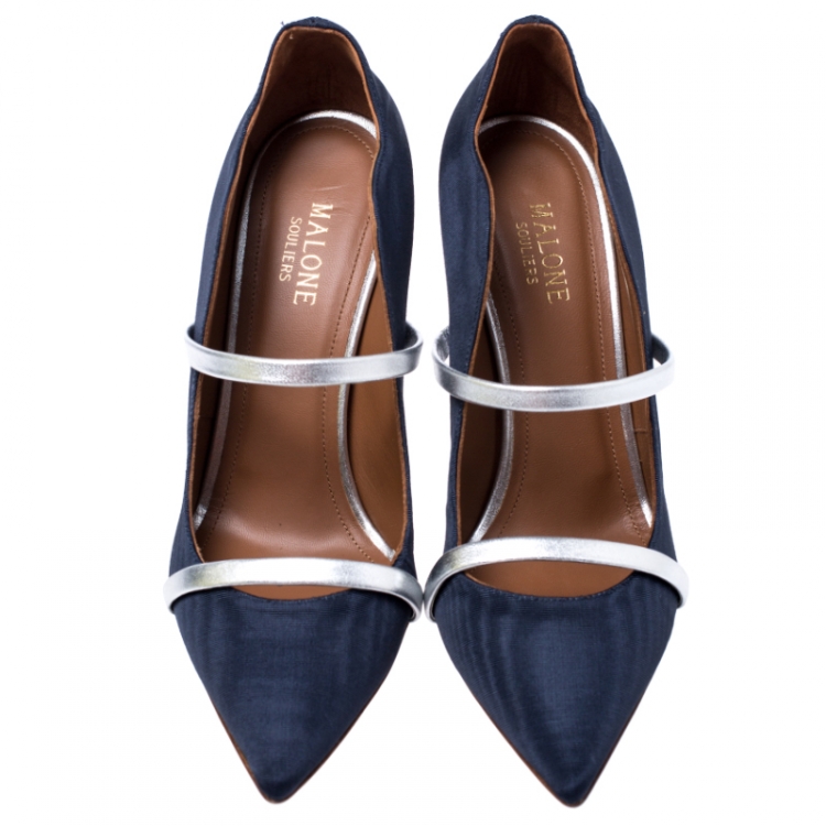 مملوكة مسبقًا Malone Souliers Blue Moire Fabric Maureen Pointed Toe Pumps Size 38.5