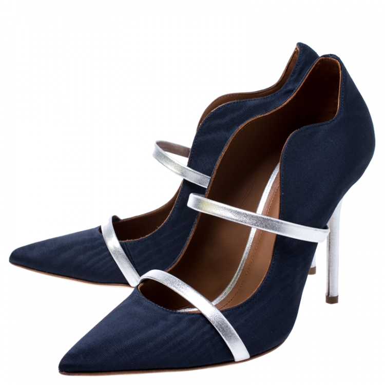 مملوكة مسبقًا Malone Souliers Blue Moire Fabric Maureen Pointed Toe Pumps Size 38.5