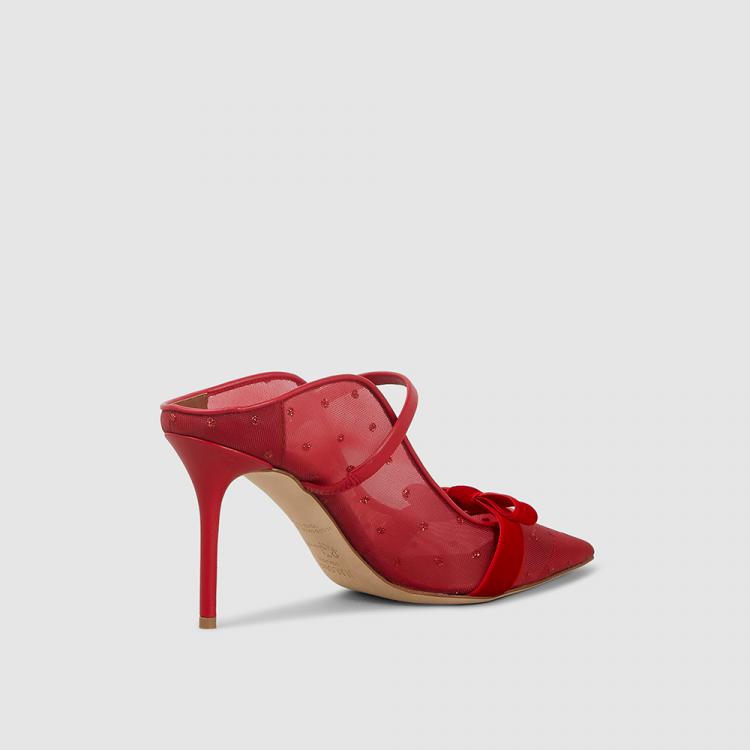 Pre Owned Malone Souliers Red Marguerite Maureen Velvet Bow Polka Dot Mesh Mules Size IT 42