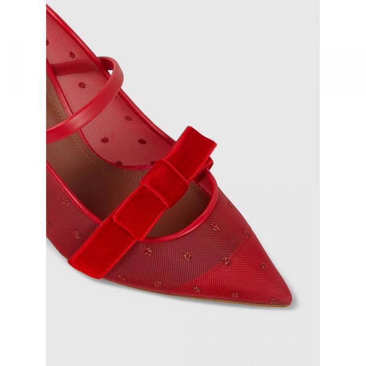 Pre Owned Malone Souliers Red Marguerite Maureen Velvet Bow Polka Dot Mesh Mules Size IT 42
