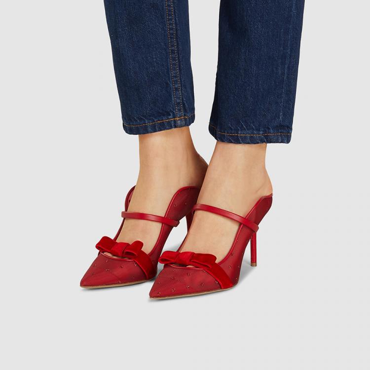 Pre Owned Malone Souliers Red Marguerite Maureen Velvet Bow Polka Dot Mesh Mules Size IT 42