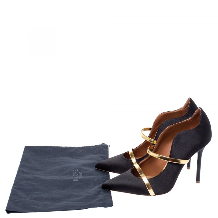 Pre Owned Malone Souliers Black Satin And Leather Maureen Pointed Toe Pumps Size 38
