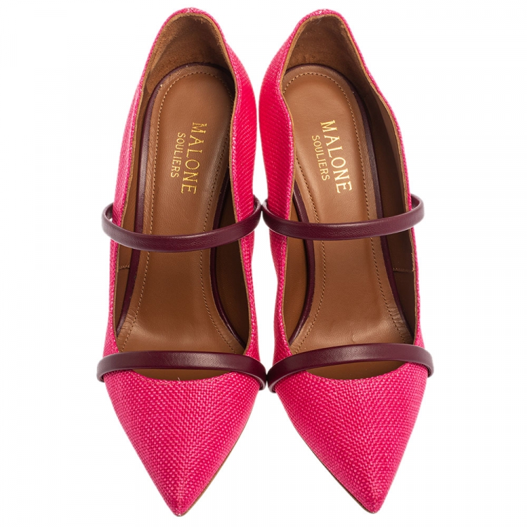 Pre Owned Malone Souliers Pink Raffia Maureen Pointed Toe Pumps Size 35