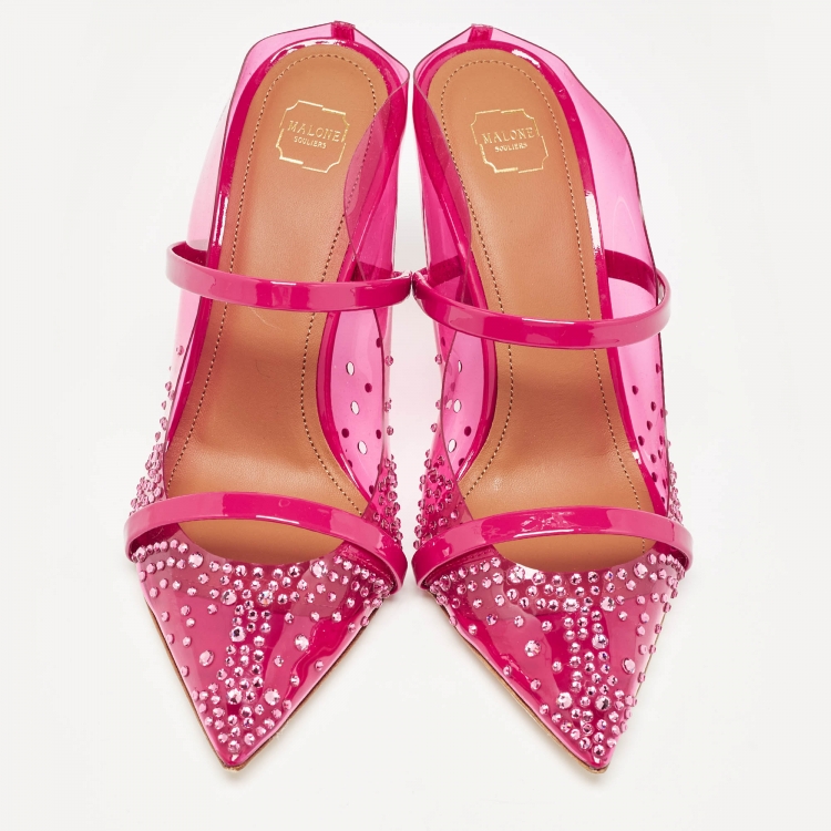 Pre Owned Malone Souliers Pink PVC Crystal Embellished Maureen Mules Size 37