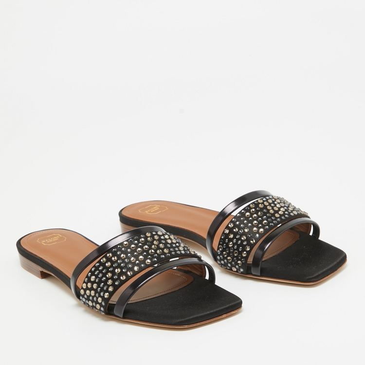 Pre Owned Malone Souliers Black Satin Crystal Embellished Rosa Flat Slides Size 36.5