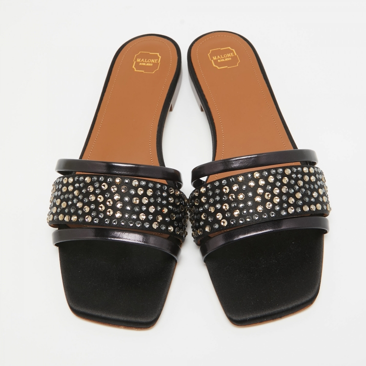 Pre Owned Malone Souliers Black Satin Crystal Embellished Rosa Flat Slides Size 36.5