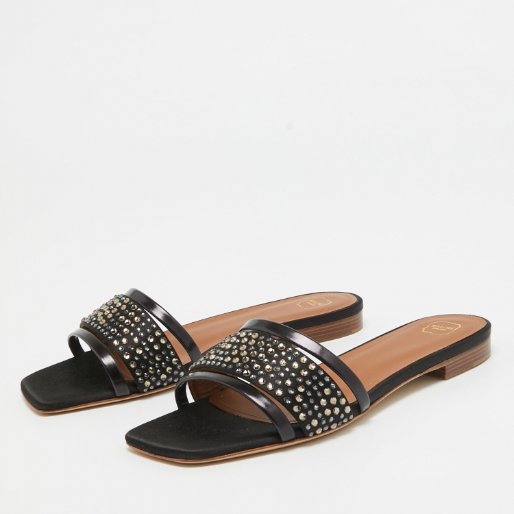 Pre Owned Malone Souliers Black Satin Crystal Embellished Rosa Flat Slides Size 36.5
