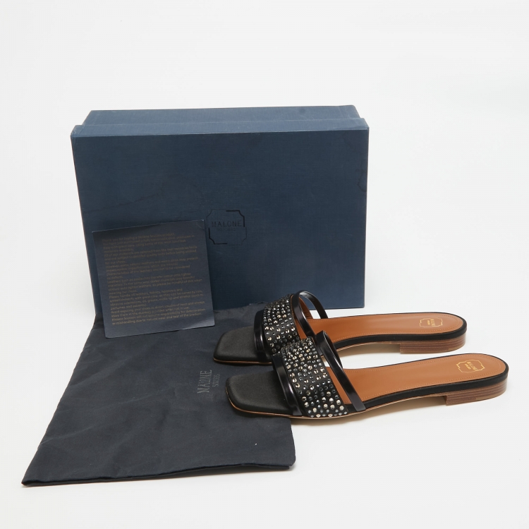 Pre Owned Malone Souliers Black Satin Crystal Embellished Rosa Flat Slides Size 36.5