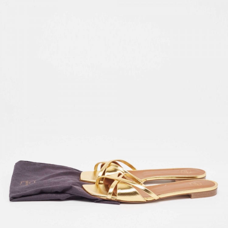 Pre Owned Malone Souliers Gold Textured Leather Penn Flat Slides Size 41