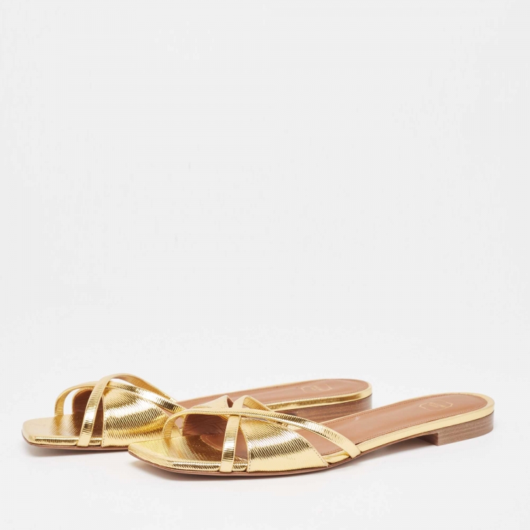 Pre Owned Malone Souliers Gold Textured Leather Penn Flat Slides Size 41